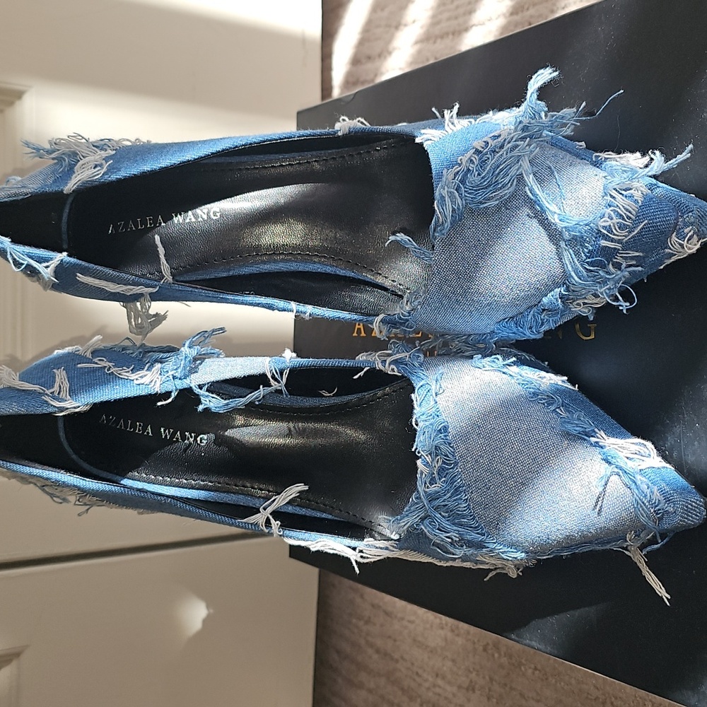 Azalea Wang Distressed Denim Pointed-Toe Heels in Blue